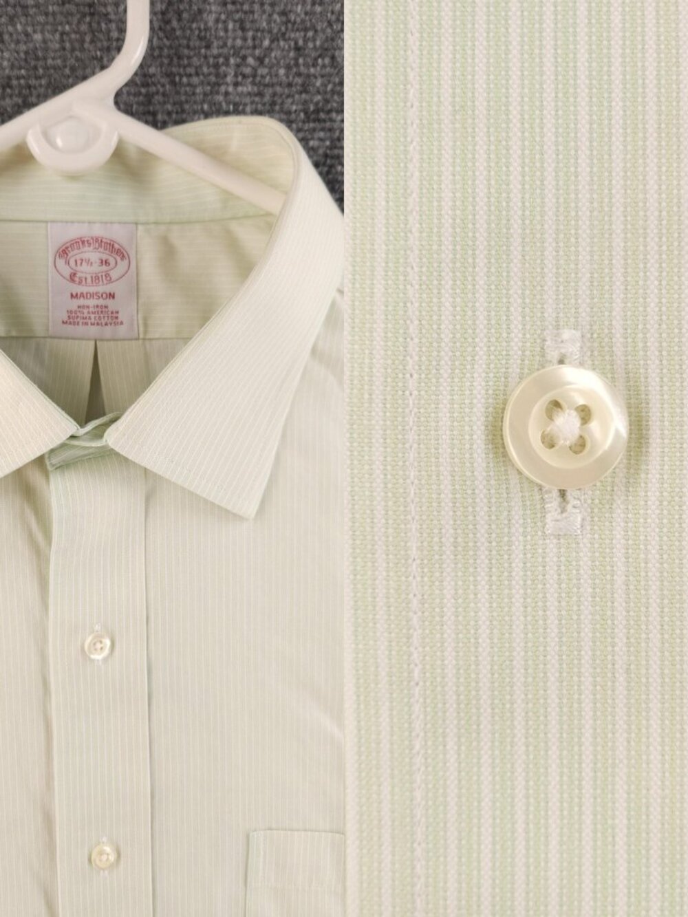 Brooks Brothers Point Cotton Striped Non-Iron 17.5 36 Madison Green Long Sleeve